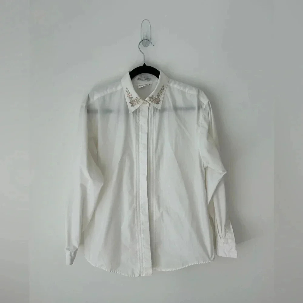 Vintage single needle tailoring embroidered flower  collar white shirt